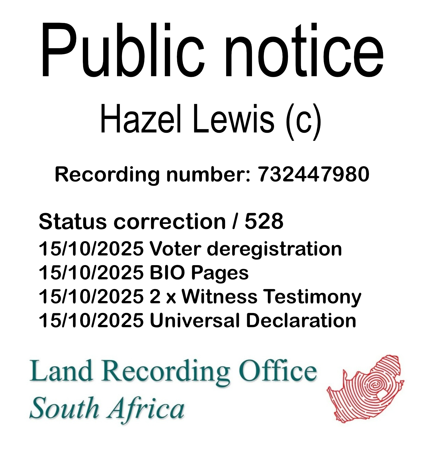 Public notice Hazel Lewis Recording number 732447980